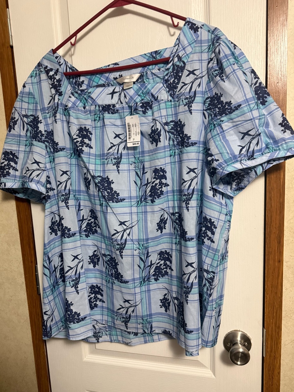 Christopher & Banks Light Blue Plaid Floral Short-Sleeve Top
